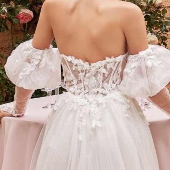 NEW LONG WEDDING A-LINE DRESS EMBROIDERED WITH FLORAL APPLIQUE AND LACE CD855W - Picture 10 of 11